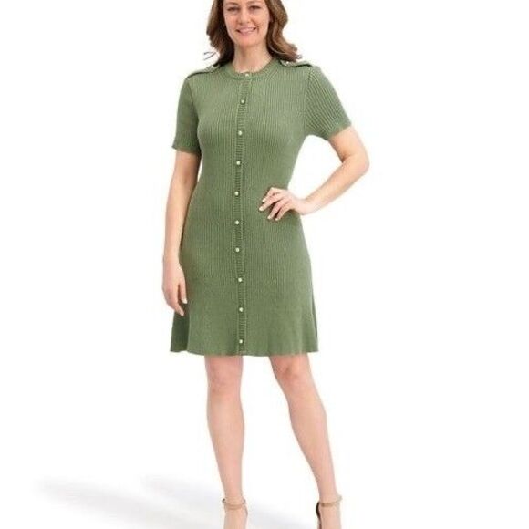 French Connection Women's Button-Up Mini Sweater Dress Green Size Medium - Picture 11 of 12